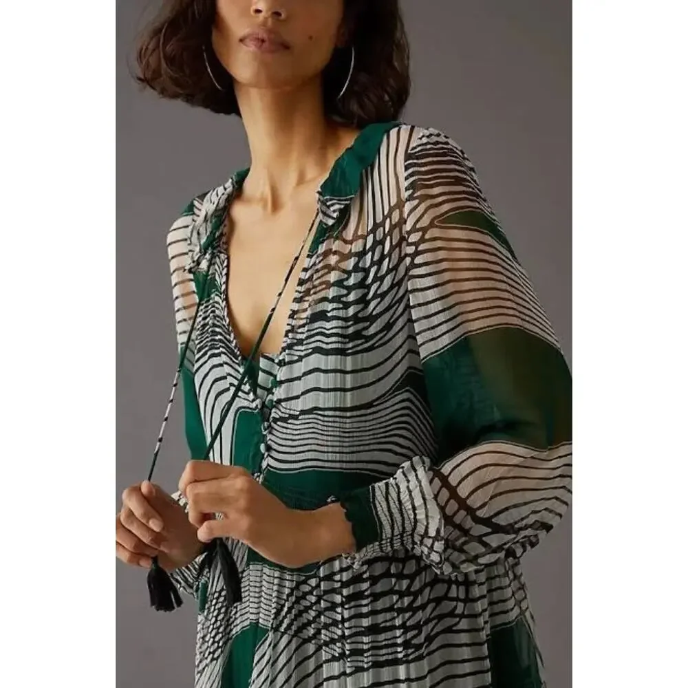 Anthropologie XS Marais Geometric Printed Sheer Chiffon Maxi Dress Boho Green - Picture 5 of 13